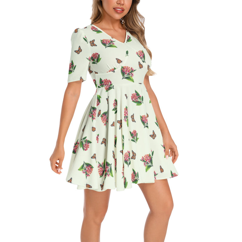 Short Sleeve Ruched Bust Flared Hem Dress