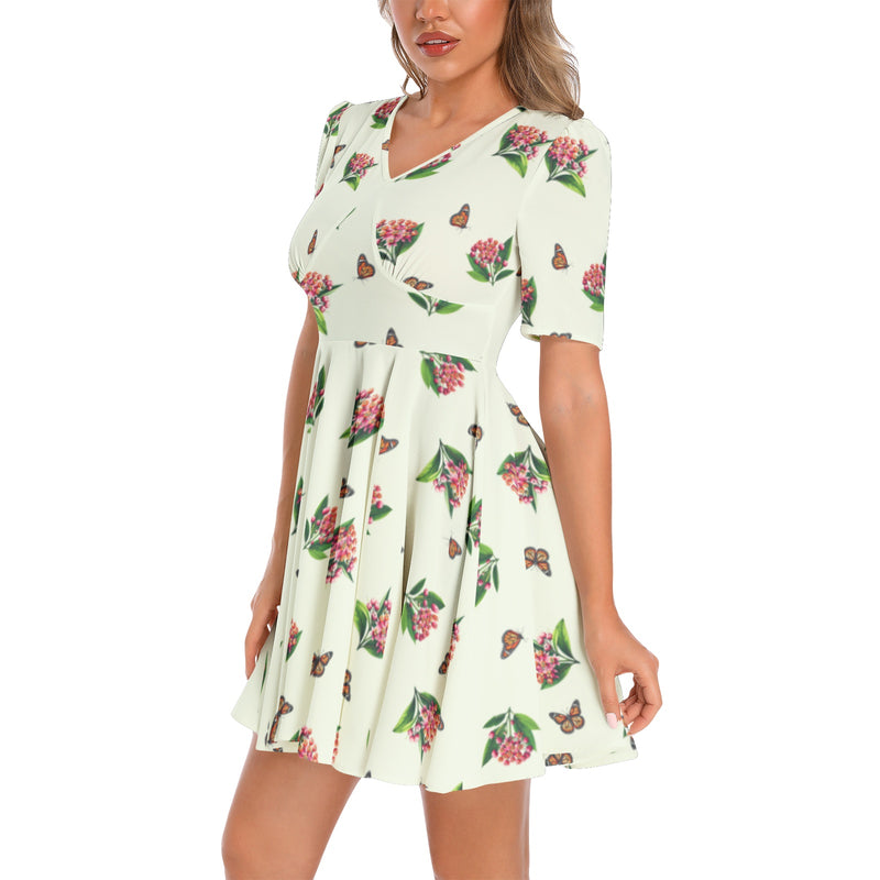 Short Sleeve Ruched Bust Flared Hem Dress