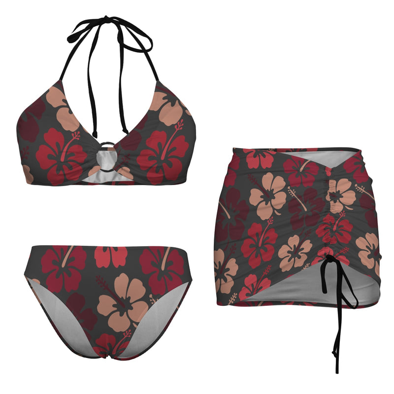 shades of red hibiscus print Drawstring Halterneck Three-Piece Swimsuit Skirt