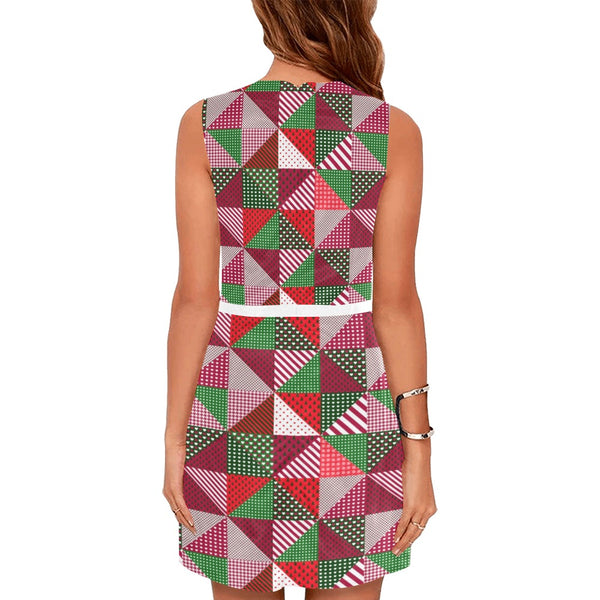 patchwork print xmas 4 Eos Women's Sleeveless Dress (Model D01)