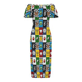 patchwork of alien flowers Women's Off Shoulder Ruffle Boat Neck Dress (Model D71)