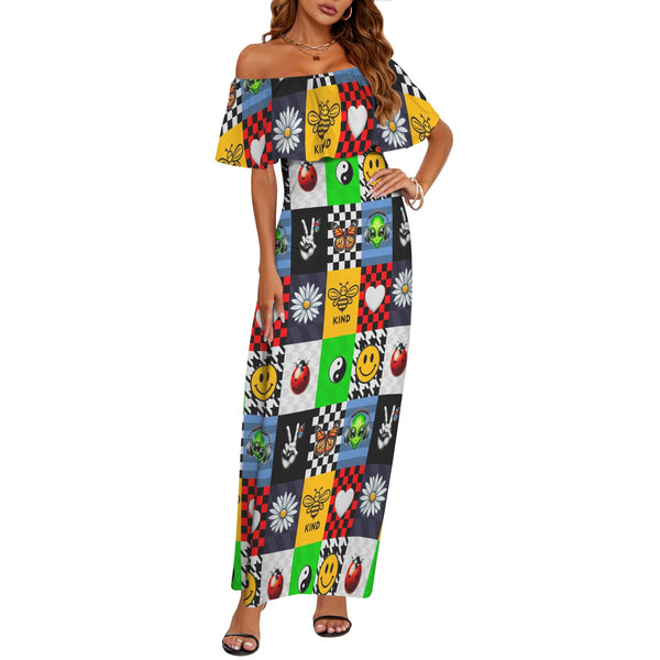 artsy print 2A Women's Off Shoulder Ruffle Boat Neck Dress (Model D71)