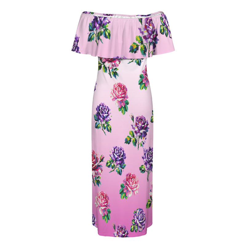 ombre white to pink rose print 2 Women's Off Shoulder Ruffle Boat Neck Dress (Model D71)