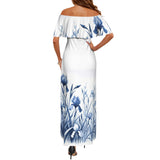 white solid print addsart Women's Off Shoulder Ruffle Boat Neck Dress (Model D71)