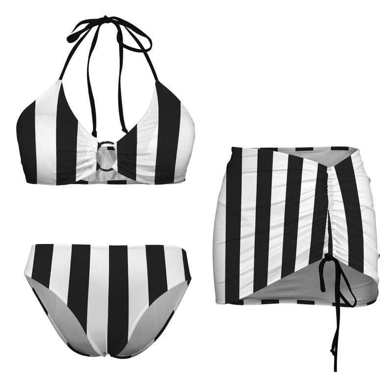 bw vert stripe2 Drawstring Halterneck Three-Piece Swimsuit Skirt