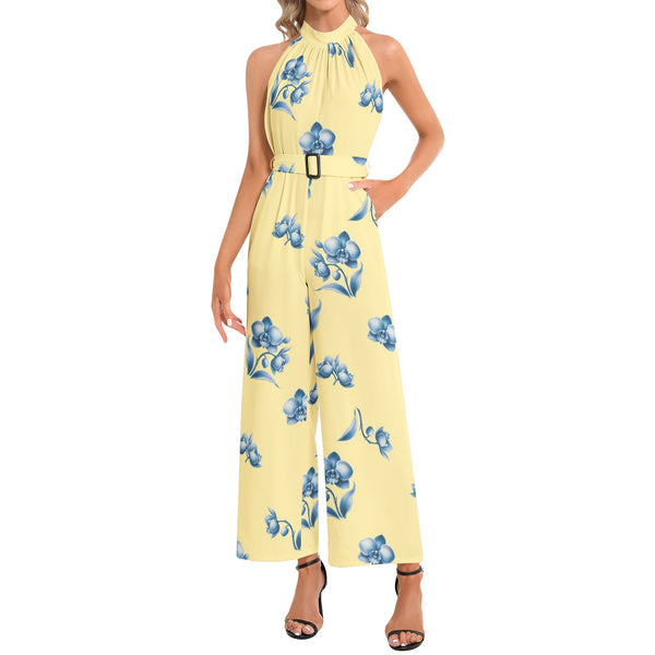 Halter Neck Buckle Belted Jumpsuit