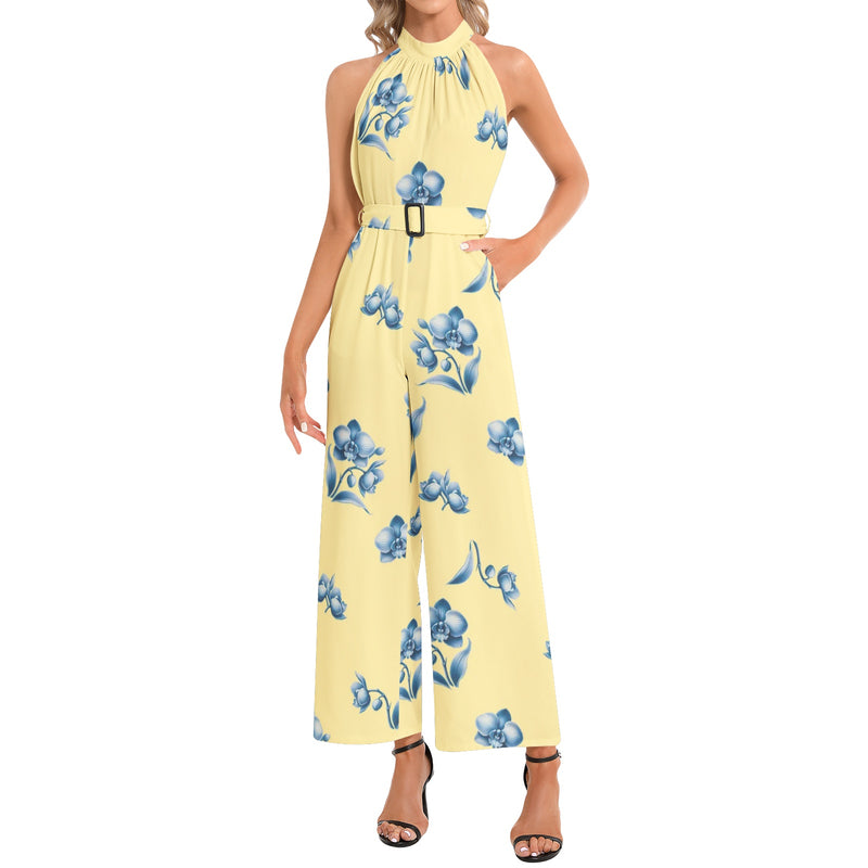 Halter Neck Buckle Belted Jumpsuit