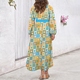 Retro Petals Round Neck Long Sleeve Belted Maxi Dress