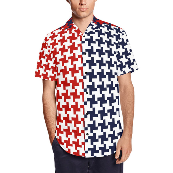 Americana Houndstooth Men's Short Sleeve Shirt with Lapel Collar (Model T54)