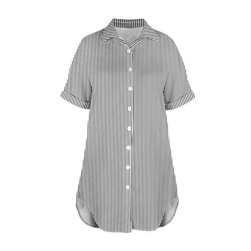 striped bw print 2 Short Sleeve Button Front Shirt Dress