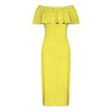 yellow matrix print Women's Off Shoulder Ruffle Boat Neck Dress (Model D71)