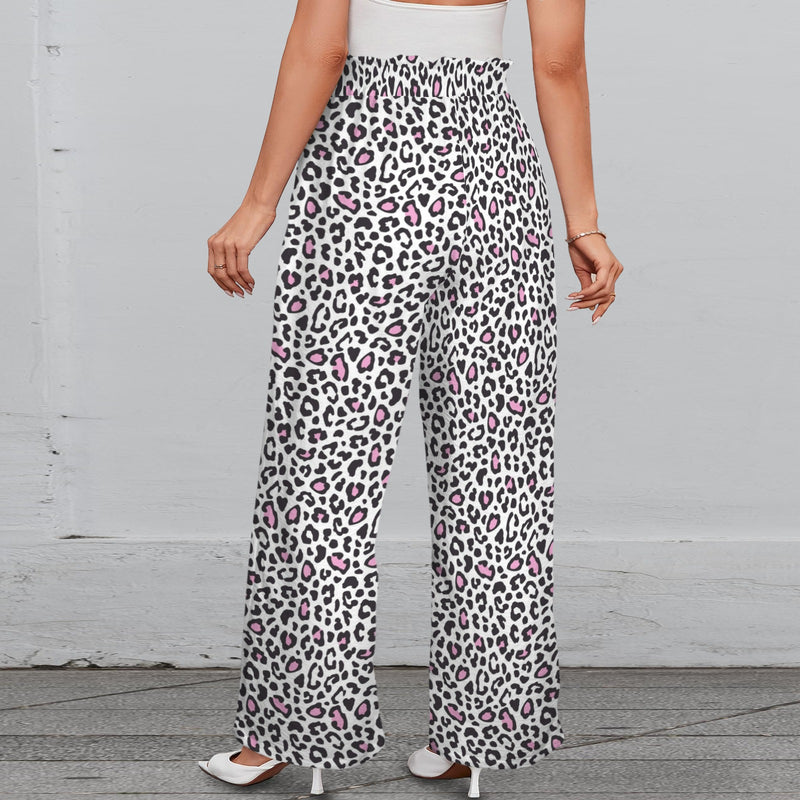 pink solid leopard accent Strappy Elastic Waist Wide Leg Pants with Pockets