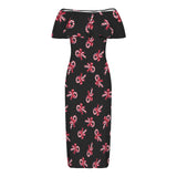 candy cane black background print Women's Off Shoulder Ruffle Boat Neck Dress (Model D71)