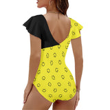 black solid print skirt Women's Twist Front Ruffle Sleeve Swimsuit (Model S55)