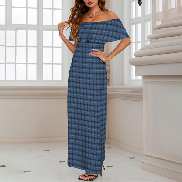 blue plaid print 4A Women's Off Shoulder Ruffle Boat Neck Dress (Model D71)