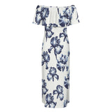 white iris print Women's Off Shoulder Ruffle Boat Neck Dress (Model D71)