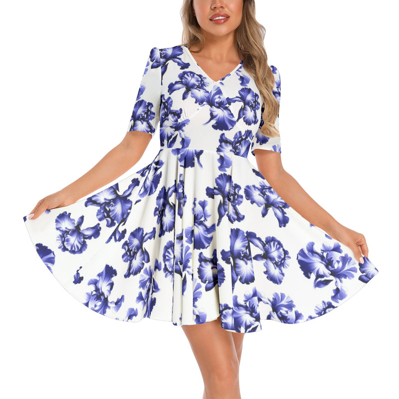 Short Sleeve Ruched Bust Flared Hem Dress