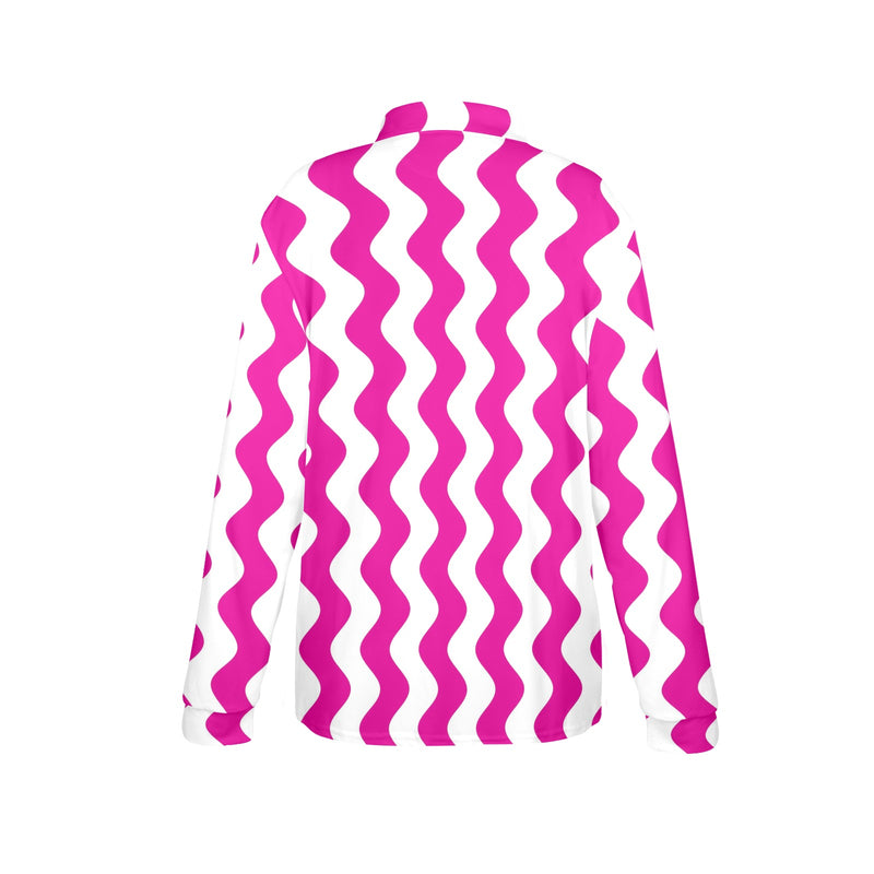 fuchsia wavy print Women's Long Sleeve Polo Shirt (Model T73)