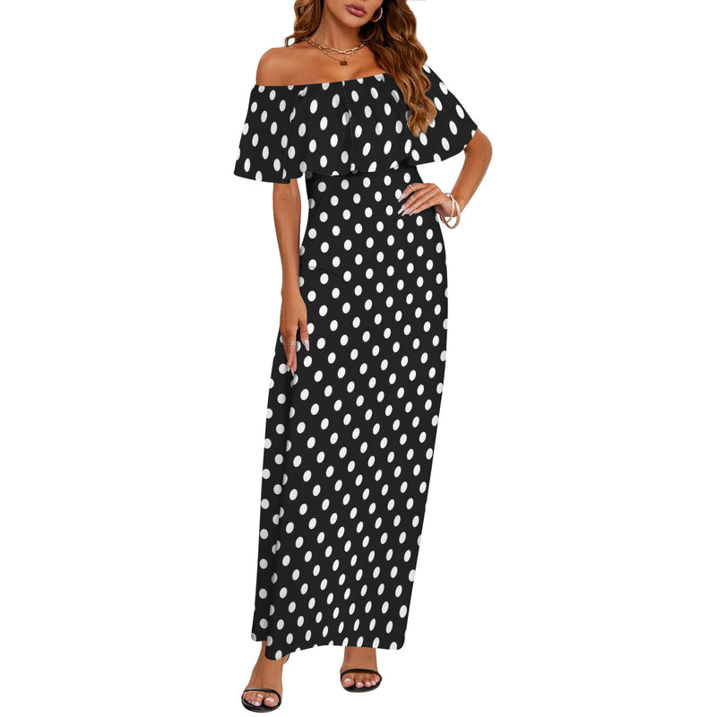 bw polka dot 9 Women's Off Shoulder Ruffle Boat Neck Dress (Model D71)