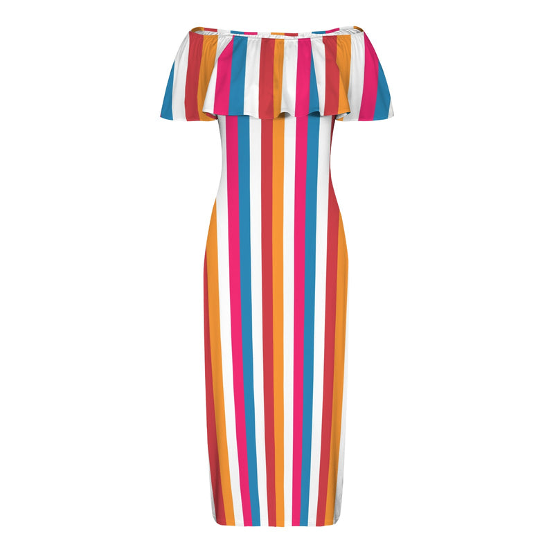 barcode color block striped print 2 Women's Off Shoulder Ruffle Boat Neck Dress (Model D71)