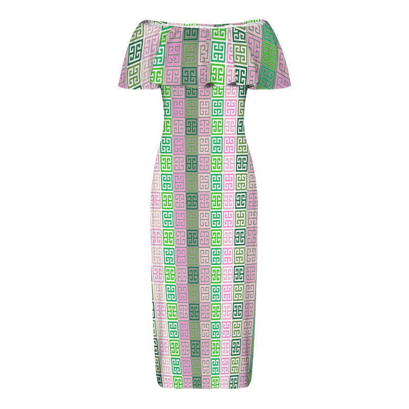 ALL GREEK 2 Women's Off Shoulder Ruffle Boat Neck Dress (Model D71)