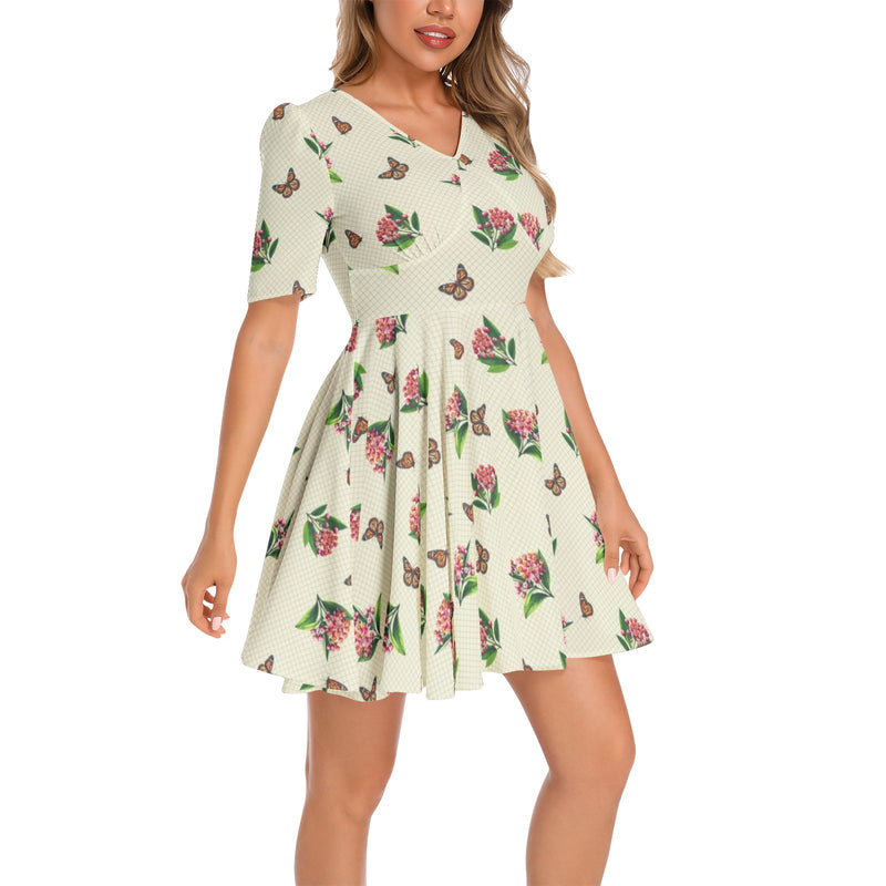 Short Sleeve Ruched Bust Flared Hem Dress