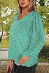 biscay polka dot Loose V-Neck Long Puff Sleeve Top