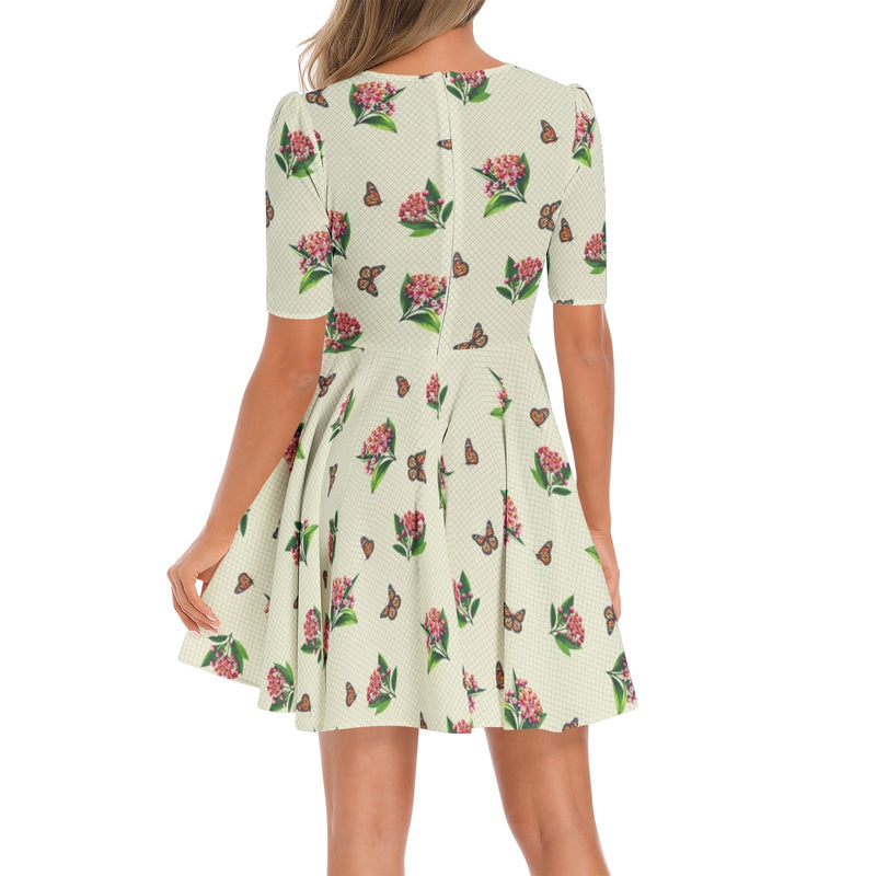 Short Sleeve Ruched Bust Flared Hem Dress