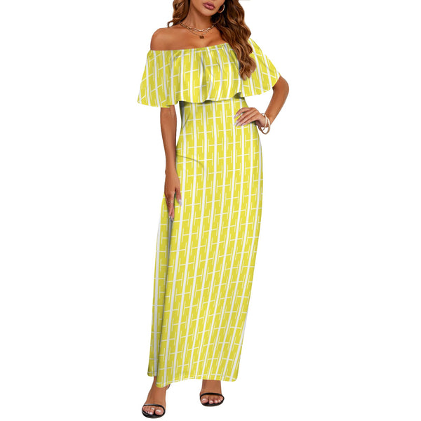 lemon alt print Women's Off Shoulder Ruffle Boat Neck Dress (Model D71)