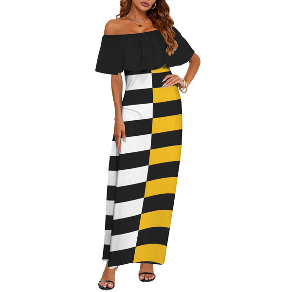 black solid print skirt Women's Off Shoulder Ruffle Boat Neck Dress (Model D71)