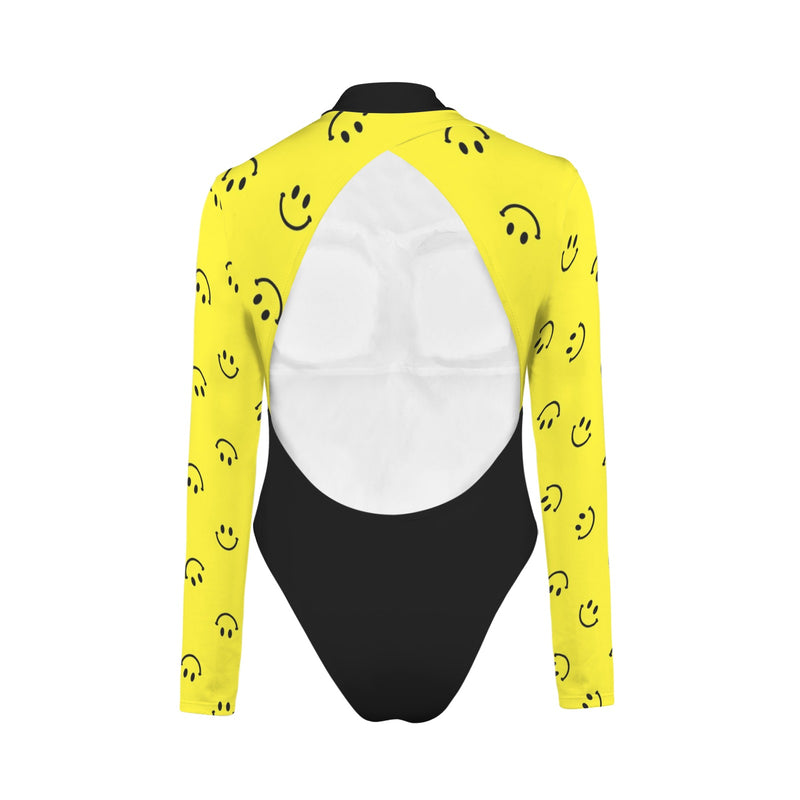 black solid print skirt Backless Long Sleeve One-Piece Swimsuit (Model S60)