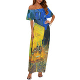 vincent print cafe terrace van gogh copy Women's Off Shoulder Ruffle Boat Neck Dress (Model D71)