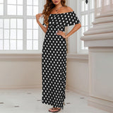 bw polka dot 9 Women's Off Shoulder Ruffle Boat Neck Dress (Model D71)