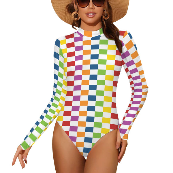rectangle matrix print Backless Long Sleeve One-Piece Swimsuit (Model S60)