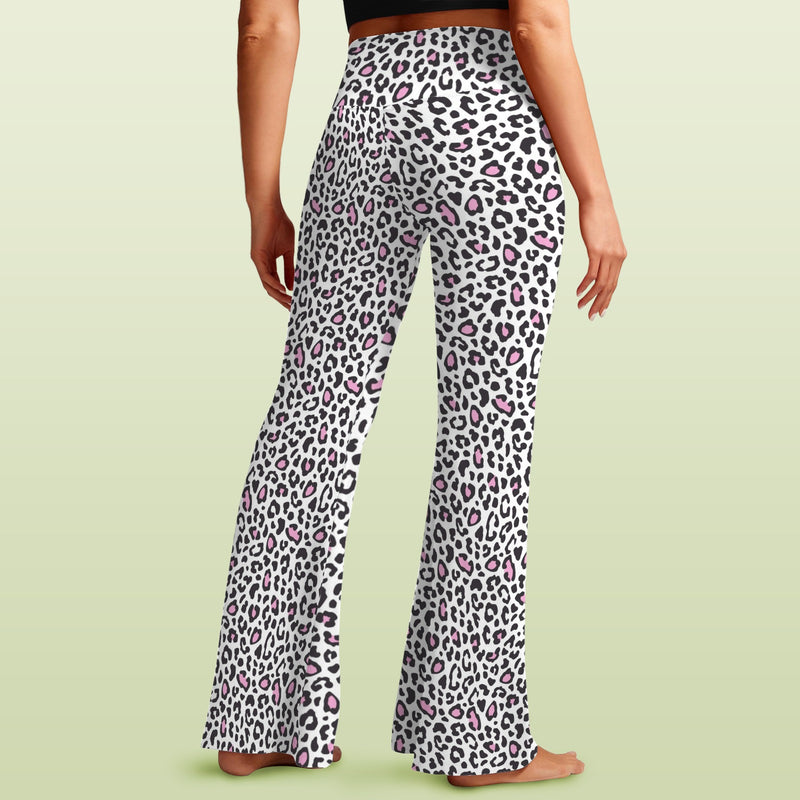 snow leopard pink accented print 2A High Waist Crossover Tummy Control Flare Leggings