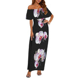 orchid print 5Z Women's Off Shoulder Ruffle Boat Neck Dress (Model D71)