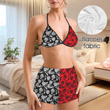 rose black and white print 2A Women's Flannel Bikini Top & Shorts Pajamas