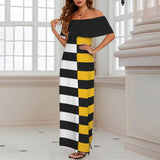 black solid print skirt Women's Off Shoulder Ruffle Boat Neck Dress (Model D71)