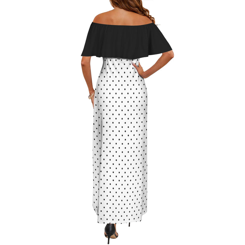 black solid print skirt Women's Off Shoulder Ruffle Boat Neck Dress (Model D71)