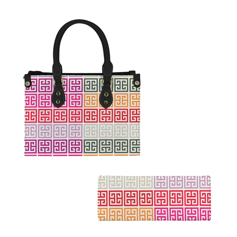 bi colored scheme greek key print PU Leather Handbag-Small (Model 1747)
