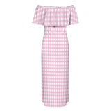 pink gingham print Women's Off Shoulder Ruffle Boat Neck Dress (Model D71)