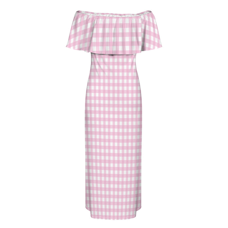 pink gingham print Women's Off Shoulder Ruffle Boat Neck Dress (Model D71)