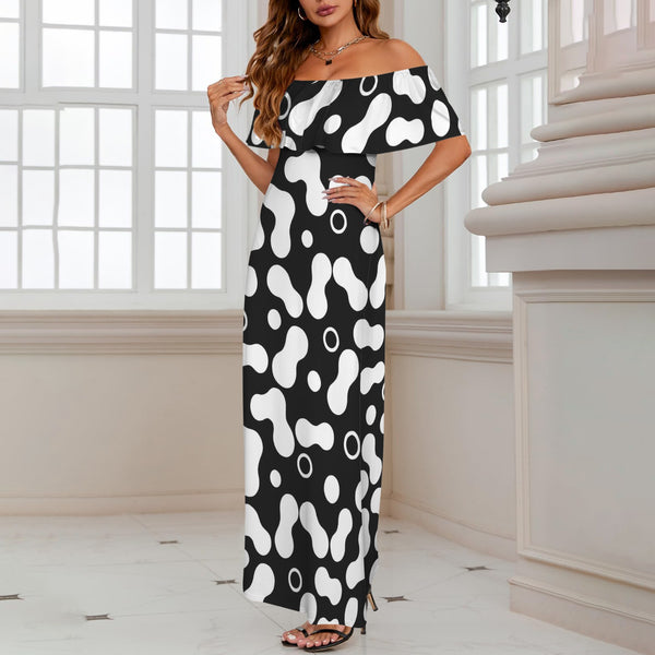 bw spot print 4E Women's Off Shoulder Ruffle Boat Neck Dress (Model D71)