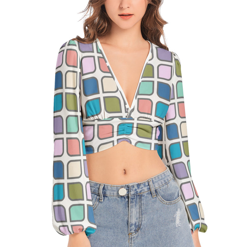 Women's Deep V-Neck Lantern Sleeve Crop Top