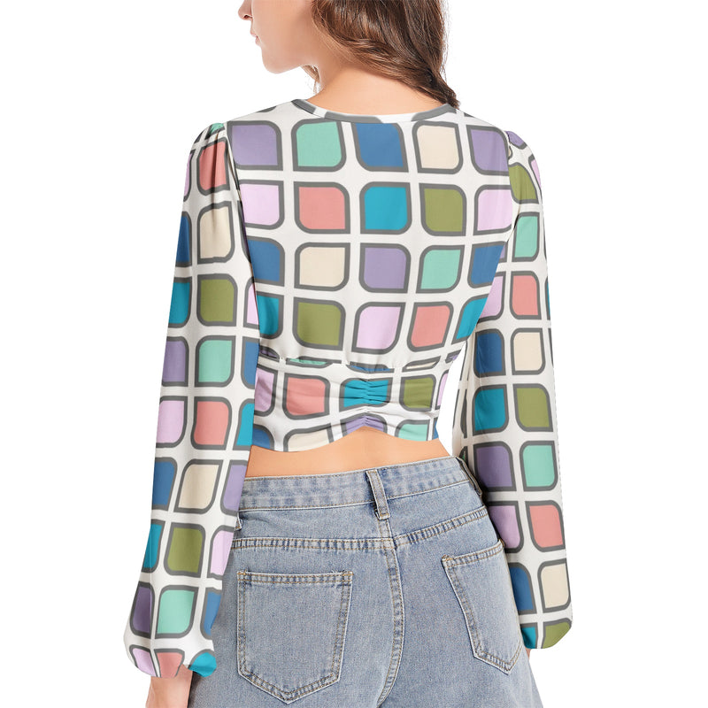 Women's Deep V-Neck Lantern Sleeve Crop Top