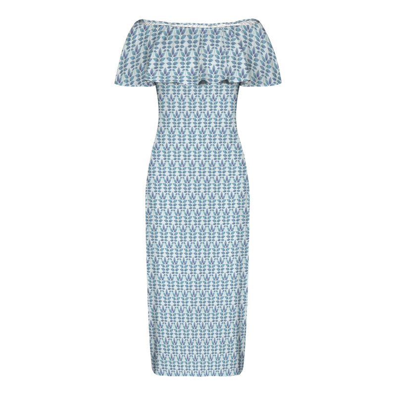 compound leaf print 2A Women's Off Shoulder Ruffle Boat Neck Dress (Model D71)