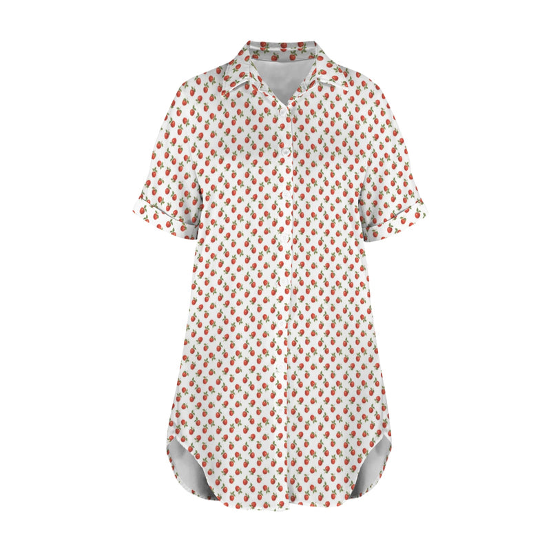 apples white print Short Sleeve Button Front Shirt Dress