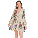Lantern Sleeve Deep V-Neck Short Dress