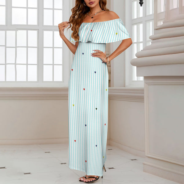 heart on stripes print light blue Women's Off Shoulder Ruffle Boat Neck Dress (Model D71)