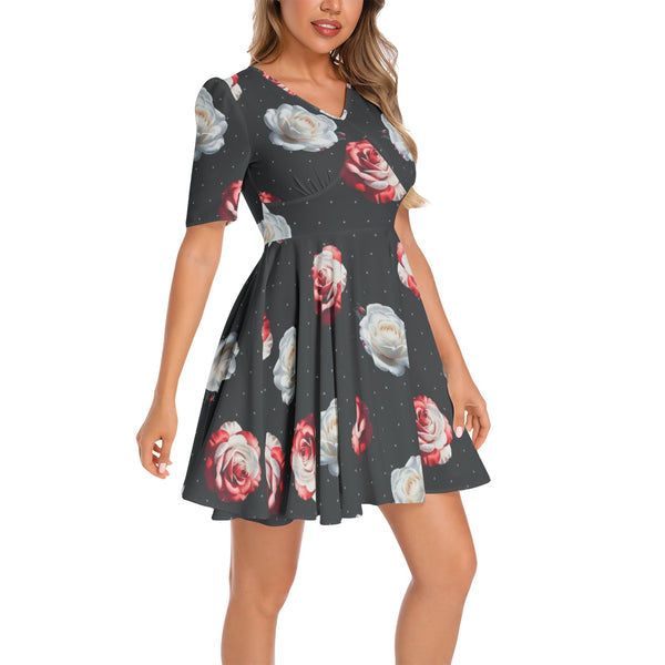 Short Sleeve Ruched Bust Flared Hem Dress